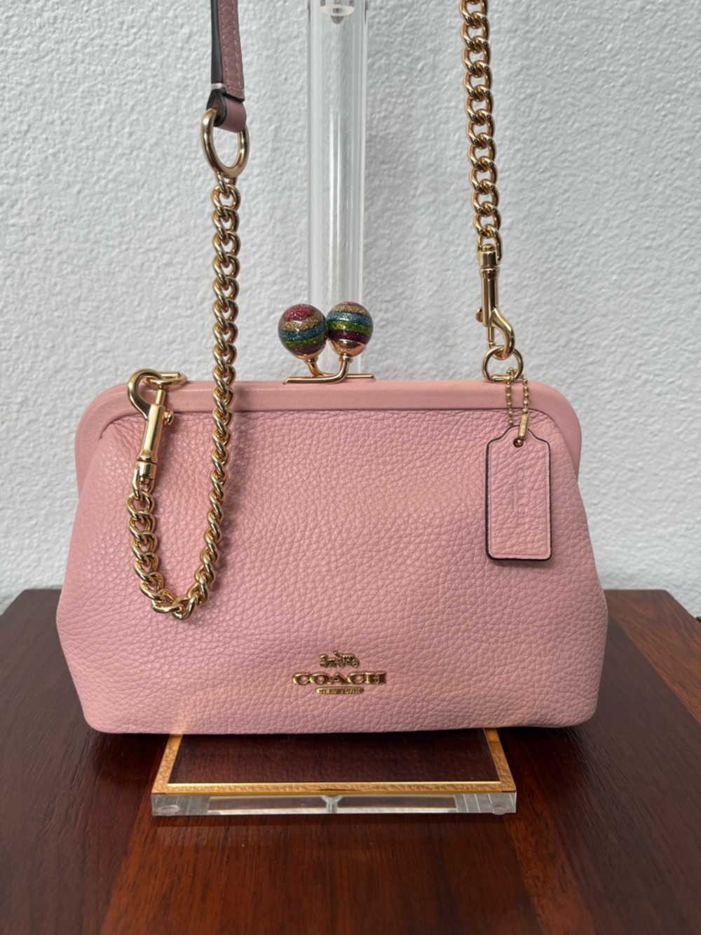 Coach Nora Kisslock in Carnation Pink glitter closure C1451